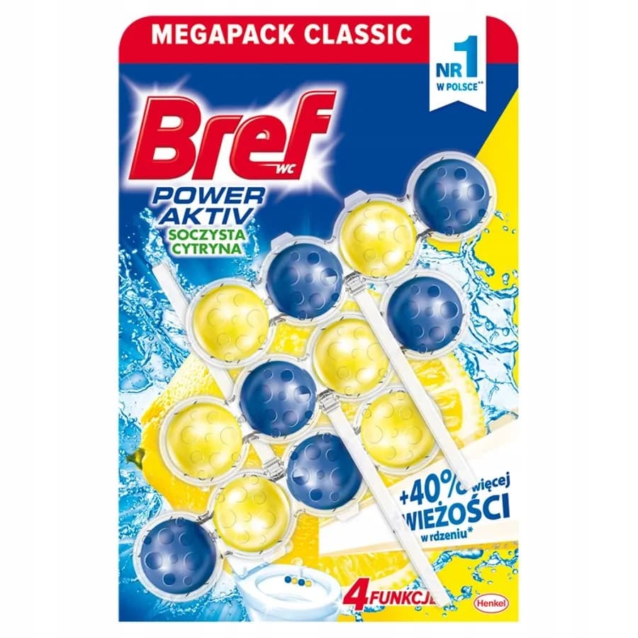 Bref zawieszka myjąco-zapachowa kulki 3 x 50 g power activ soczysta cytryna – opakowanie produktu