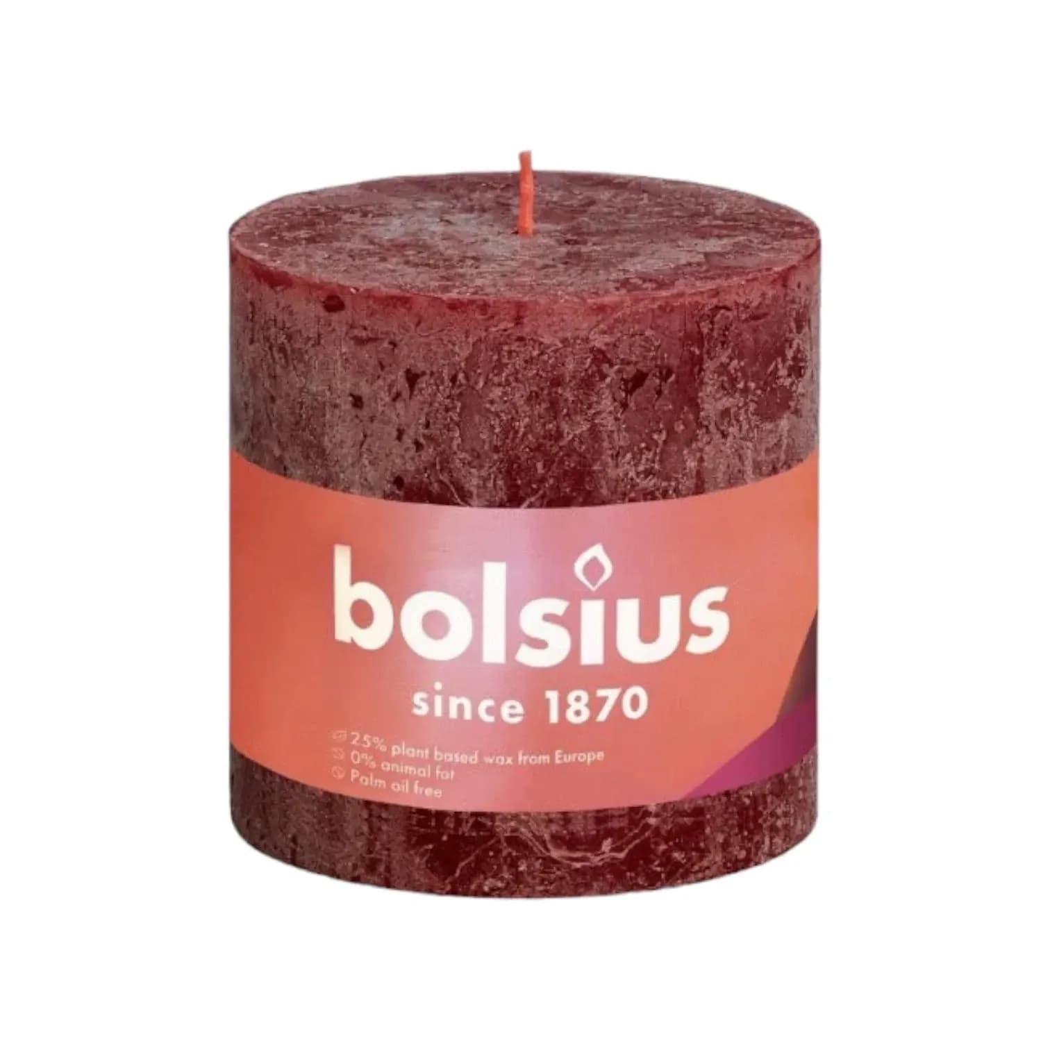 Bolsius świeca pieńkowa rustic shine velvet red 100 × 100 mm – opakowanie produktu
