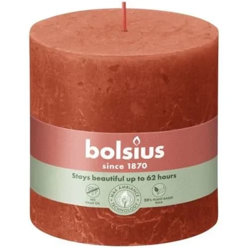 Bolsius świeca pieńkowa rustic shine ziemisty pomarańcz 100 × 100 mm – opakowanie produktu