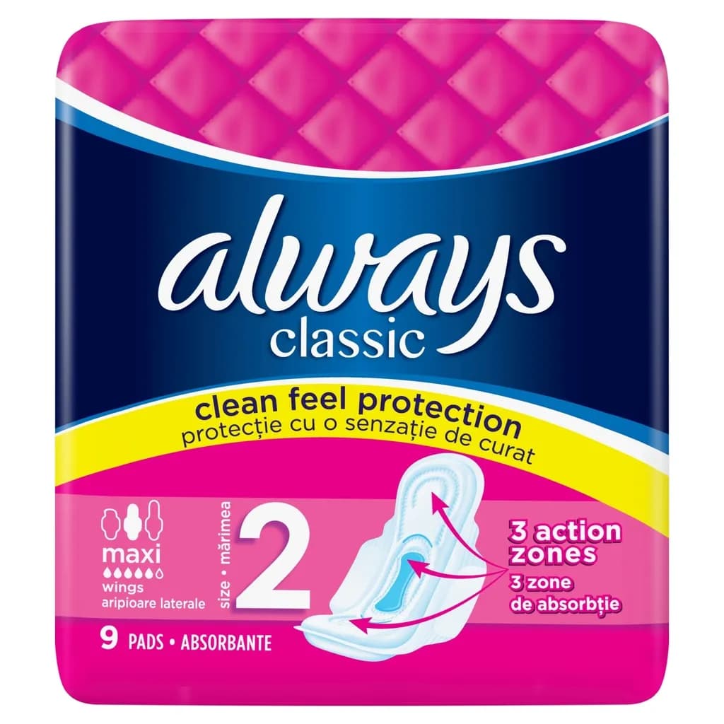 Always podpaski classic maxi 9 ze skrzydełkami ( ) 9 sztuk – opakowanie produktu